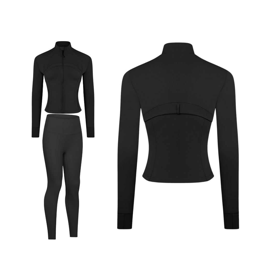 Curves Tracksuit Black with Black Zipper – Women’s Stretchy Activewear for Hourglass Shape