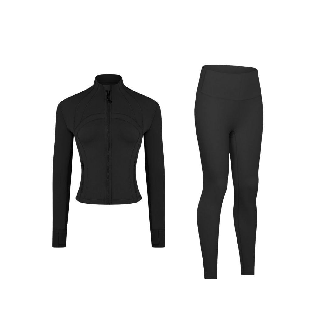 Curves Tracksuit Black with Black Zipper – Women’s Stretchy Activewear for Hourglass Shape