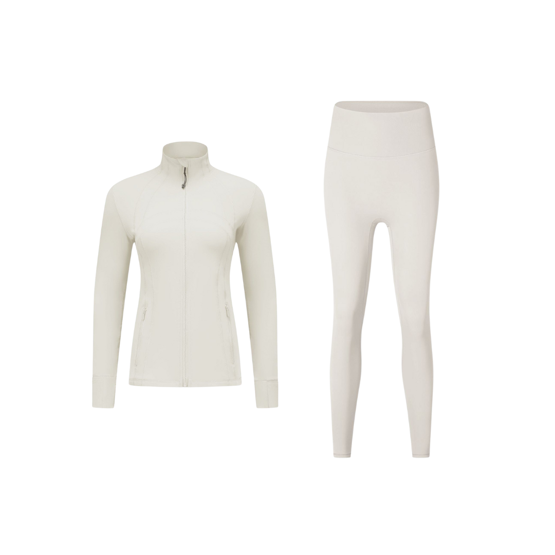 Curves Tracksuit Cream with White Zippers – Women’s Stretchy Activewear Set for Hourglass Shape