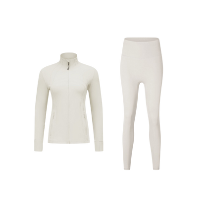 Curves Tracksuit Cream with White Zippers – Women’s Stretchy Activewear Set for Hourglass Shape