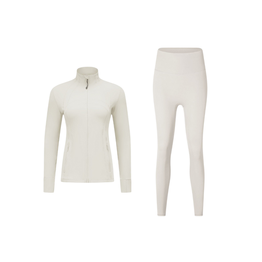 Curves Tracksuit Cream with White Zippers – Women’s Stretchy Activewear Set for Hourglass Shape