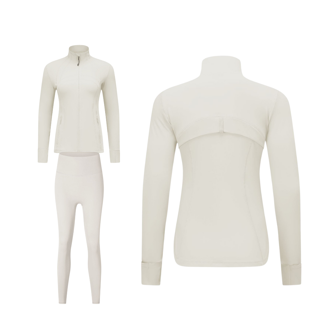 Curves Tracksuit Cream with White Zippers – Women’s Stretchy Activewear Set for Hourglass Shape
