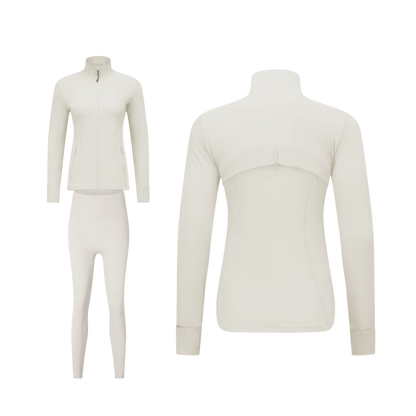 Curves Tracksuit Cream with White Zippers – Women’s Stretchy Activewear Set for Hourglass Shape